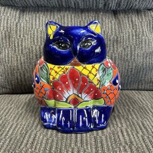 Talavera Cat Planter Animal Kitty Pot Mexican Pottery Folk Art Home Decor 8.5"